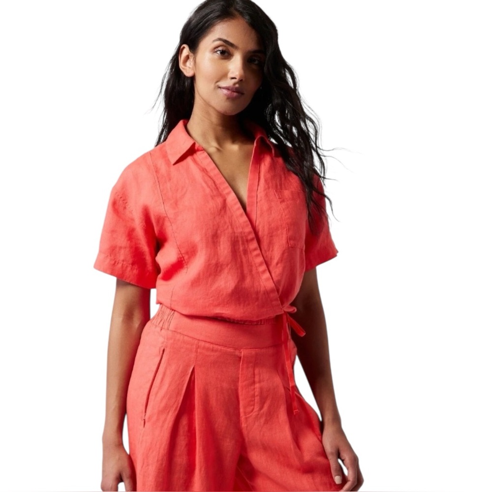 Athleta Playa LINEN Short Sleeve Wrap Tie Top in Coral Size Medium